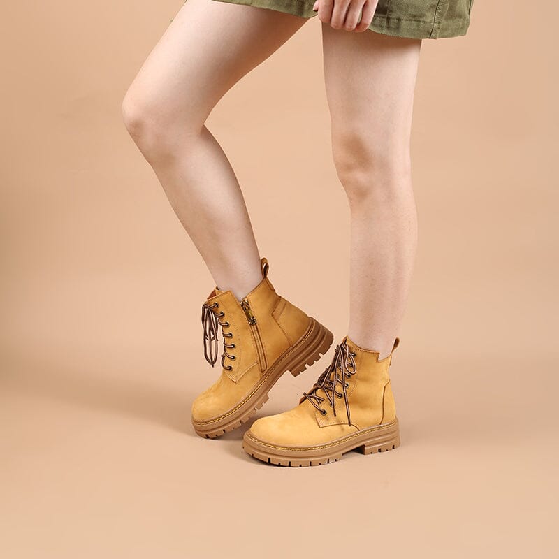 Women's Handmade High Lace-up Boot in Nubuck Calfskin Waterproof in Yellow Platform
