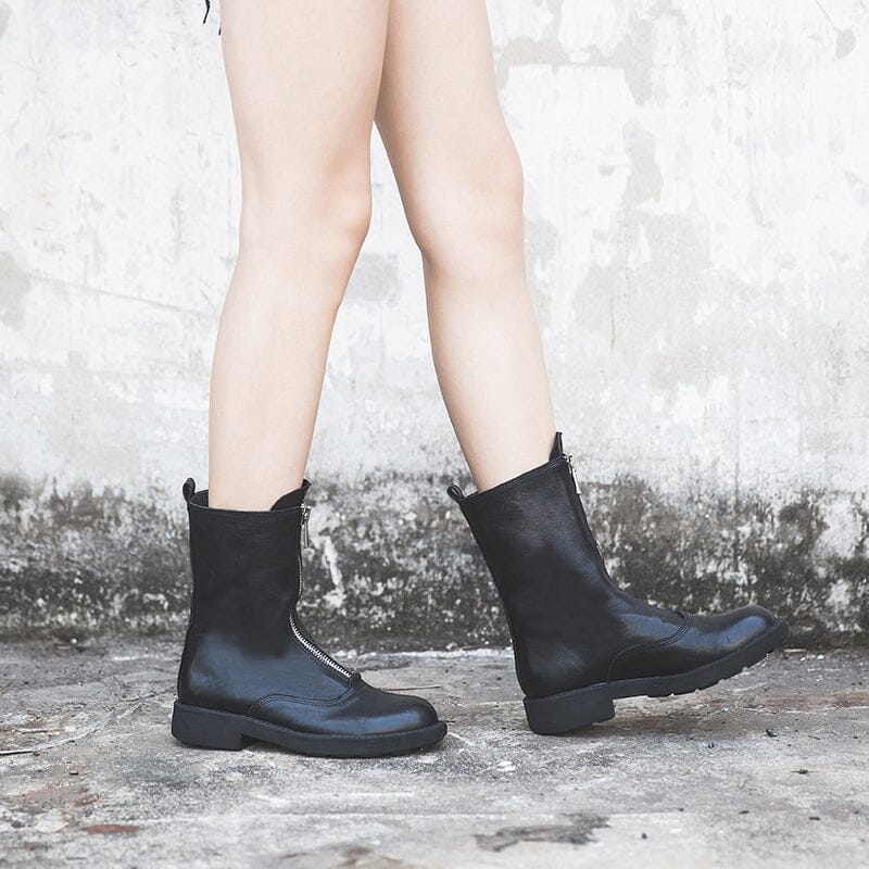 Comfortable Leather Ankle Boots Walking Round Boots Up Zip in Brown/Black