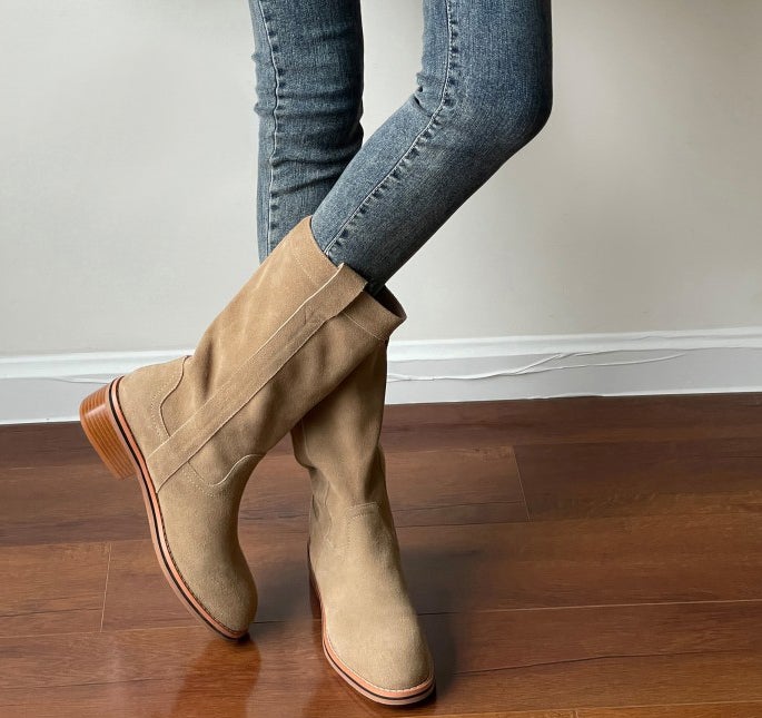 Womens Suede Leather Mid Calf Boots In Black/Khaki