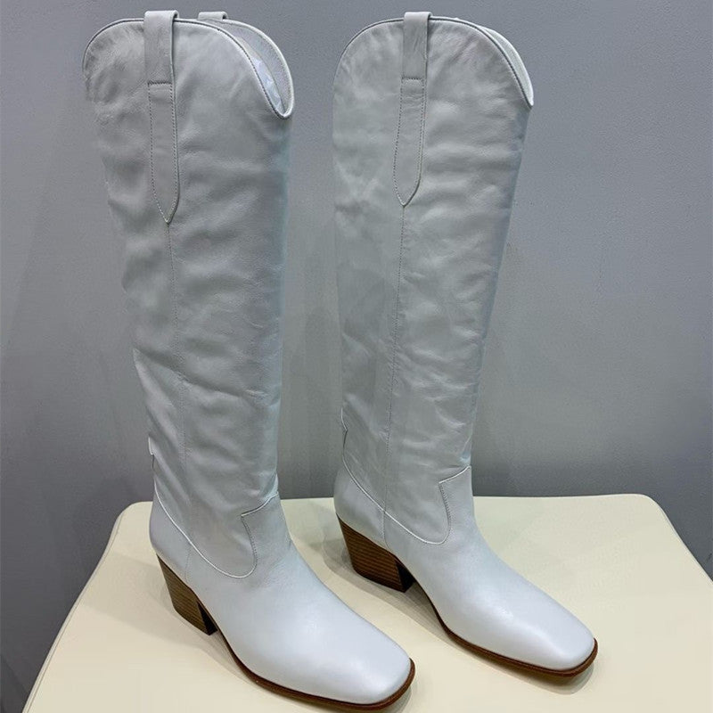 Cowboy Boots Women Handmade Genuine Leather in Black/Beige - HIGH WESTERN BOOTS Side Zipper