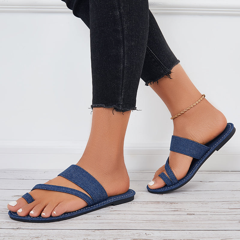 Summer Slippers Toe Ring Wide Flat Sandals Denim Slide Sandals