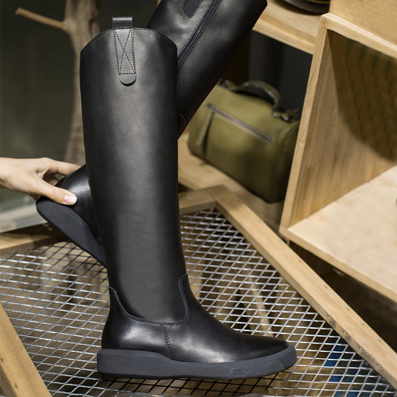 Handmade Soft Leather Knee High Boots Side Zip Riding Boots in Black