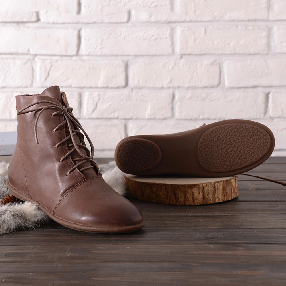 Oxfords For Women Lace Up Flat Sole Ankle Boots Handmade Waxing Leather Boots Black/Brown