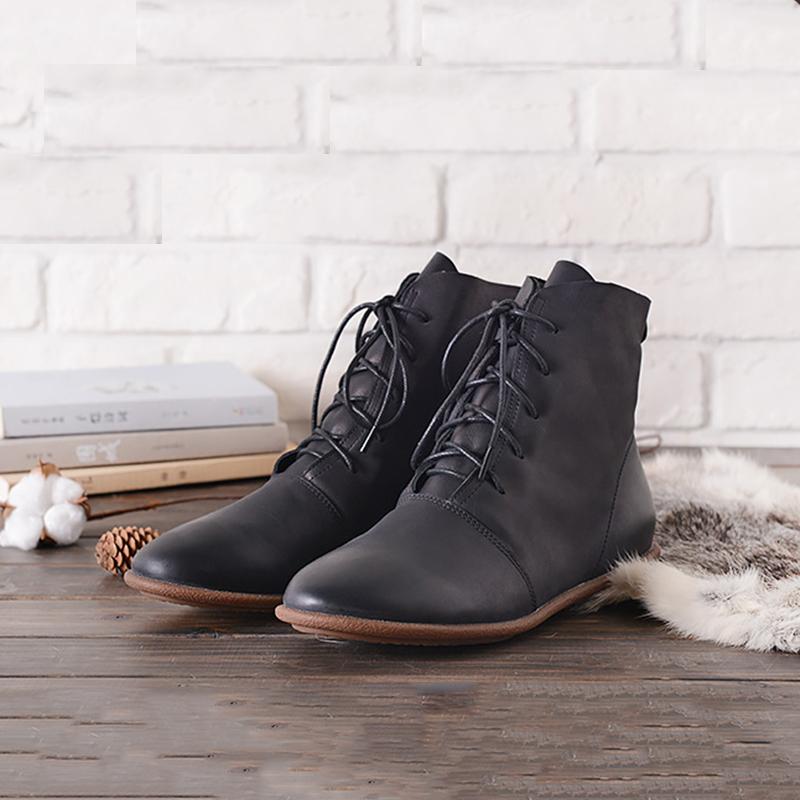 Oxfords For Women Lace Up Flat Sole Ankle Boots Handmade Waxing Leather Boots Black/Brown