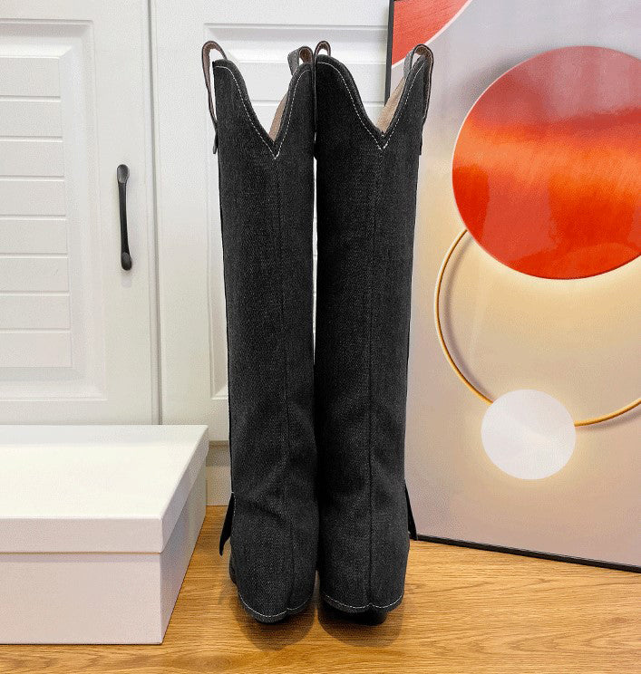 Wide-Shaft Wedge Leather Boots Riding Boots for Women In Black/Blue - Foldover Leather Tall Boots