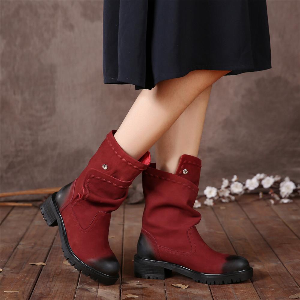 Women'S Retro Leather Boots Button Sleeve Black/Red