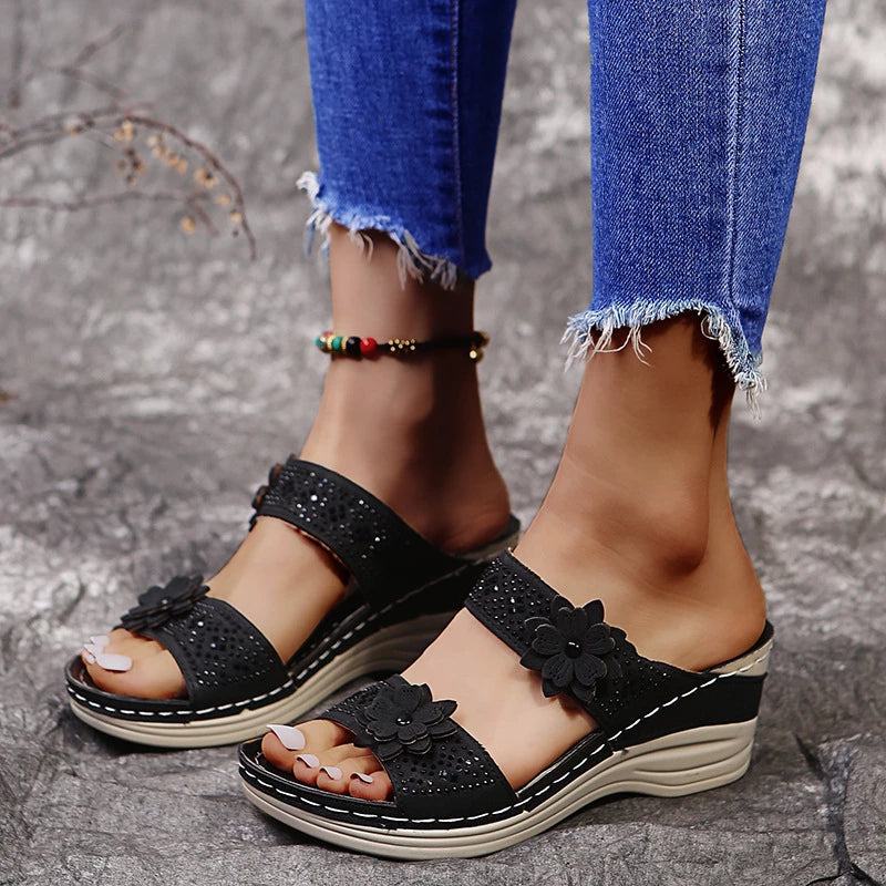 Wedge Heel Sandals Women Nubuck Flower