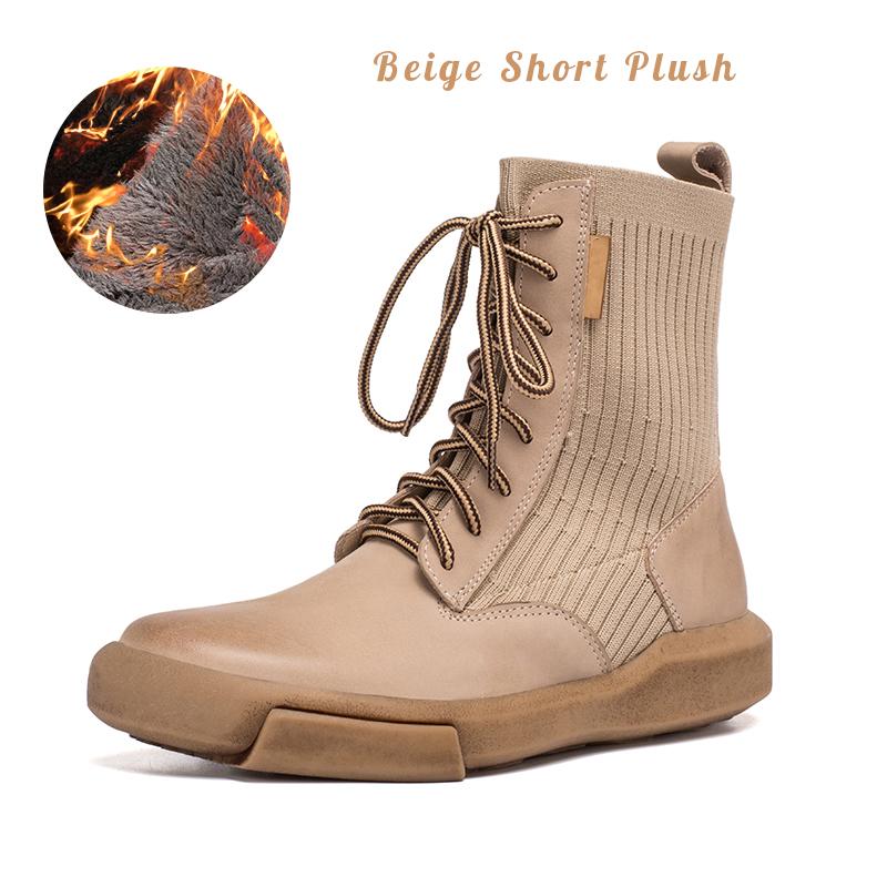 Matte Leather Combat Boots Lace Up Boots Short Plush Lined Or Leather For Choice Brown/Black /Beige