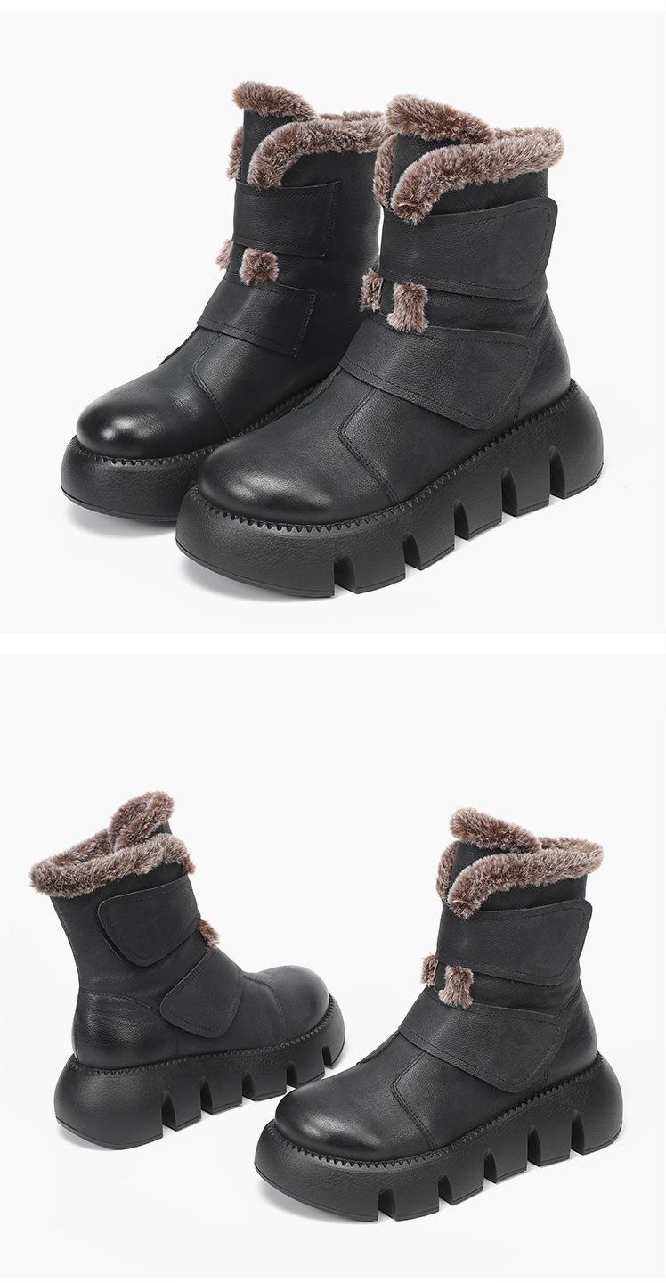 Winter Boots Plush Warm Genuine Leather Hook & Loop Round Toe 2021 New Handmade Ankle Platform Boots