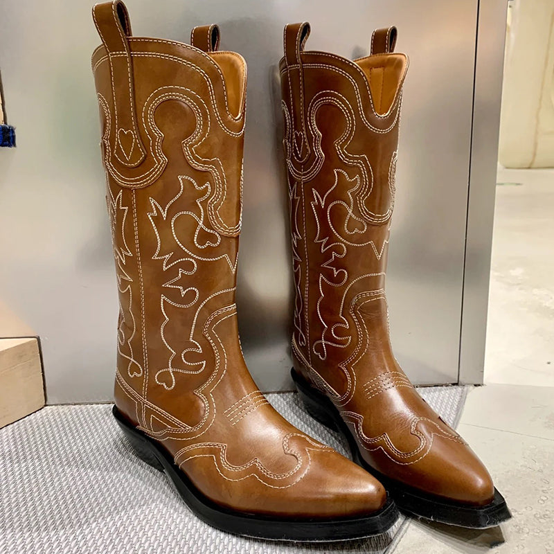 Womens Western Boots Mid Calf Embroidery Leather- Black/Brown/Red Roper Cowgirl Boots