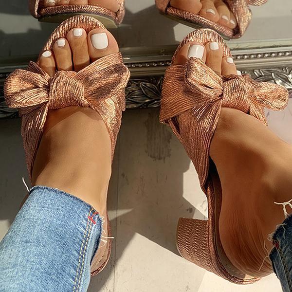 Peep Toe Bowknot Design Chunky Heeled Slippers