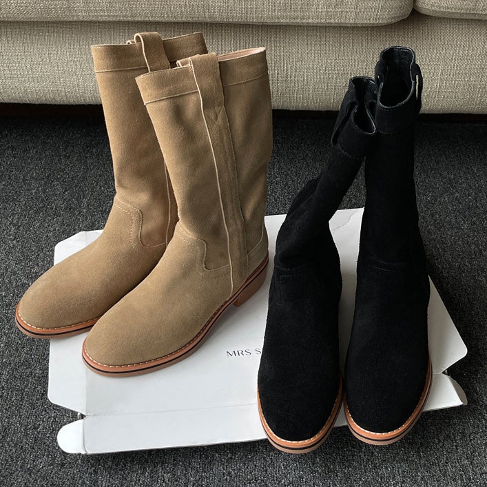 Womens Suede Leather Mid Calf Boots In Black/Khaki