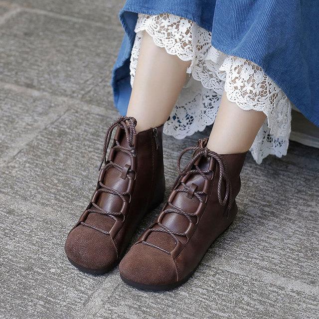 Retro Genuine Leather Soft Flat Boots For Women Round Toe Lace Up Mori Girl Style Ankle Boots Wide Fit Black