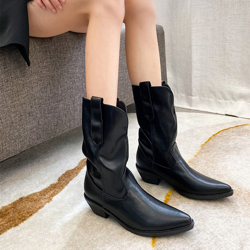 Womens Western Boots Mid Calf Black Leather Cowgirl Boots