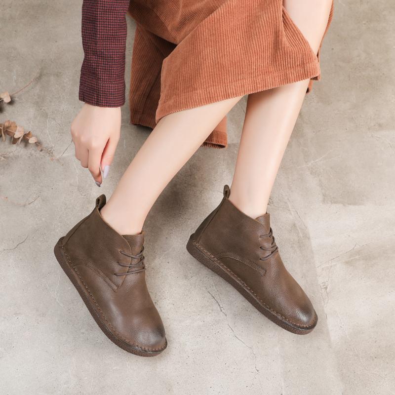 Handmade Genuine Leather Boots Lace-Up Soft Ankle Booties Casual Work Combat Boots Mori Girl Designer Shoes Brush-Off