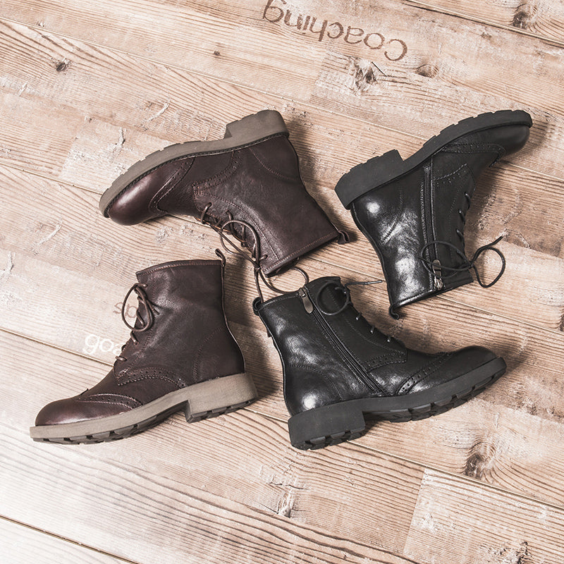 Handmade Leather Wingtip Brogue Ankle Boots For Women Black/Red Brown Round Toe Oxfords Boots
