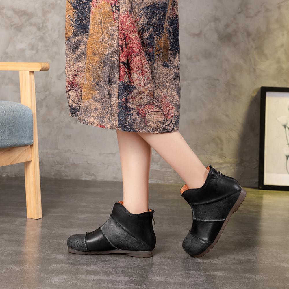 Retro Leather Ankle Boots With Zipper Splicing Craft Handmade Women Flat Shoes Black/Coffee
