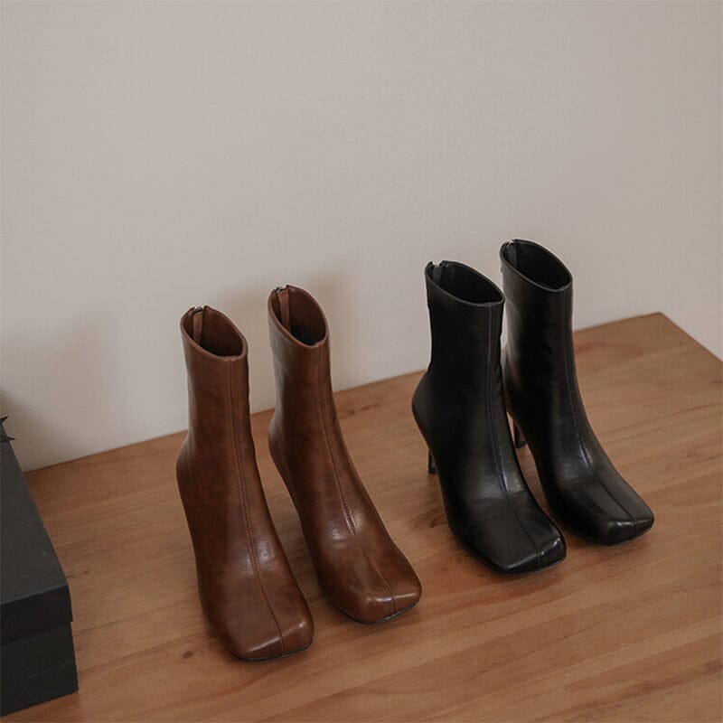 Leather Slimming Boots Elegant Glove-Like Ankle Boots Sculptural Heel Back Zipper Boots
