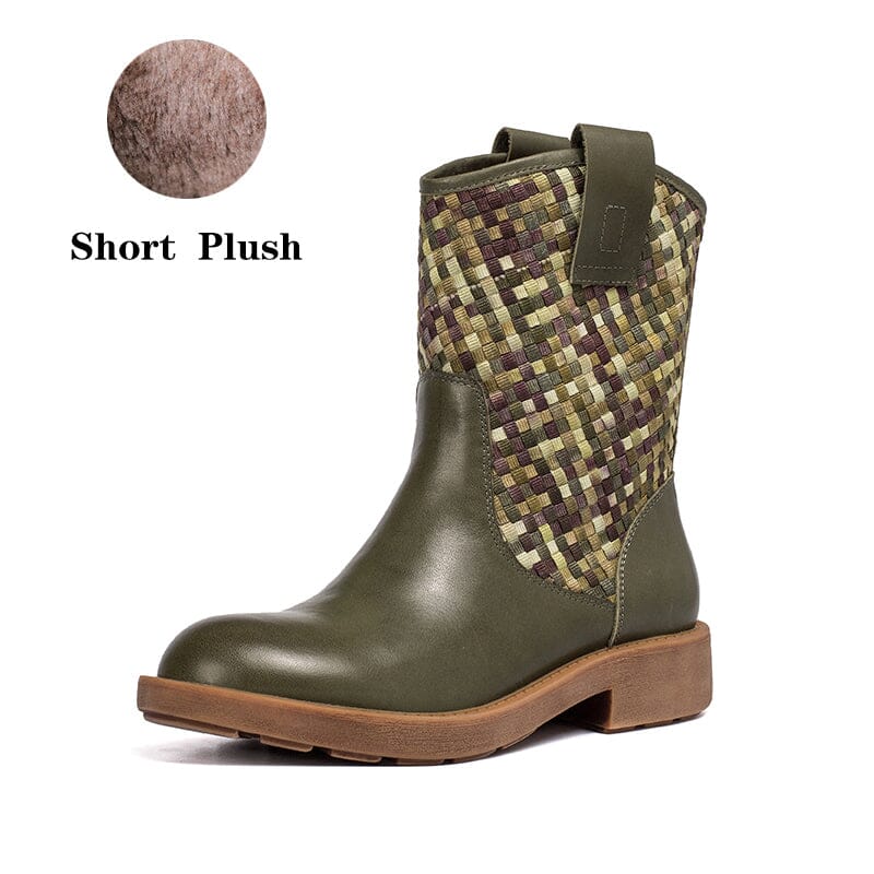 Woven Leather Boots Mid Calf Color Blocking Design Cowgirl Boots In Green/Apricot/Red/Black