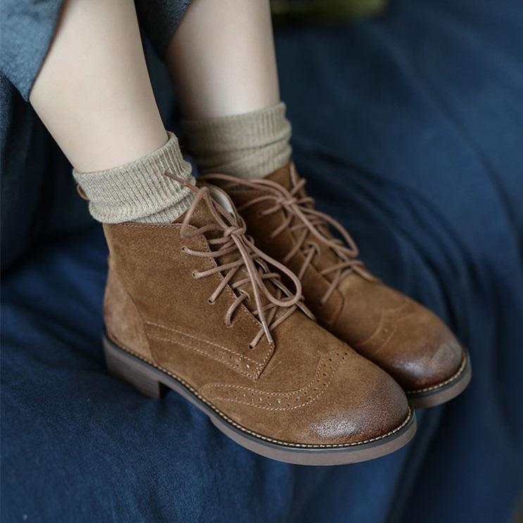 Handmade Brogue Leather Boots Women Midheel Ankle Boots With Lace Brown/Khaki