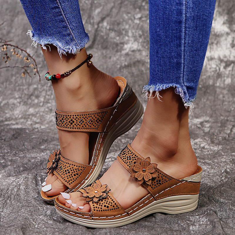Wedge Heel Sandals Women Nubuck Flower