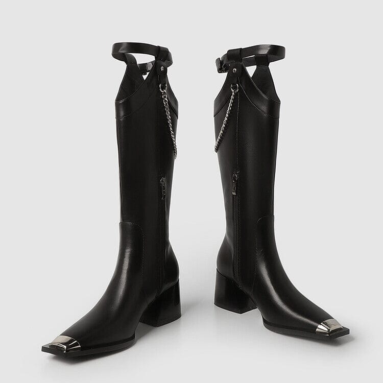 Riding Boots for Women In Black Leather Square Toe- Embellished leather boots