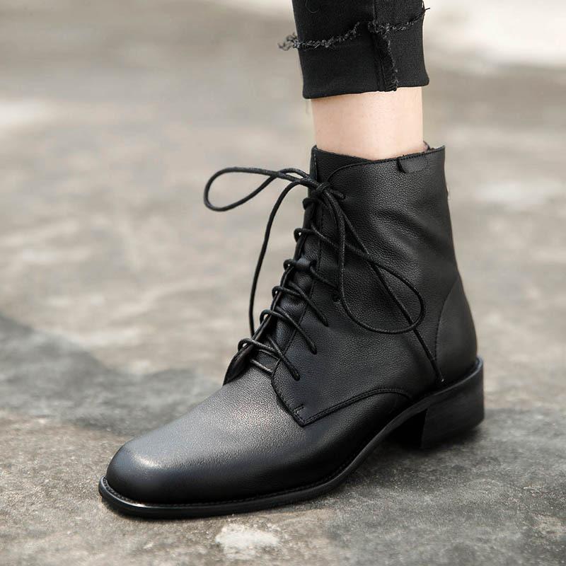 Handmade Fashion Boots Women Genuine Leather Lace-Up Oxfords Round Toe Chunky Ankle Booties Back Zipper Black/Brown