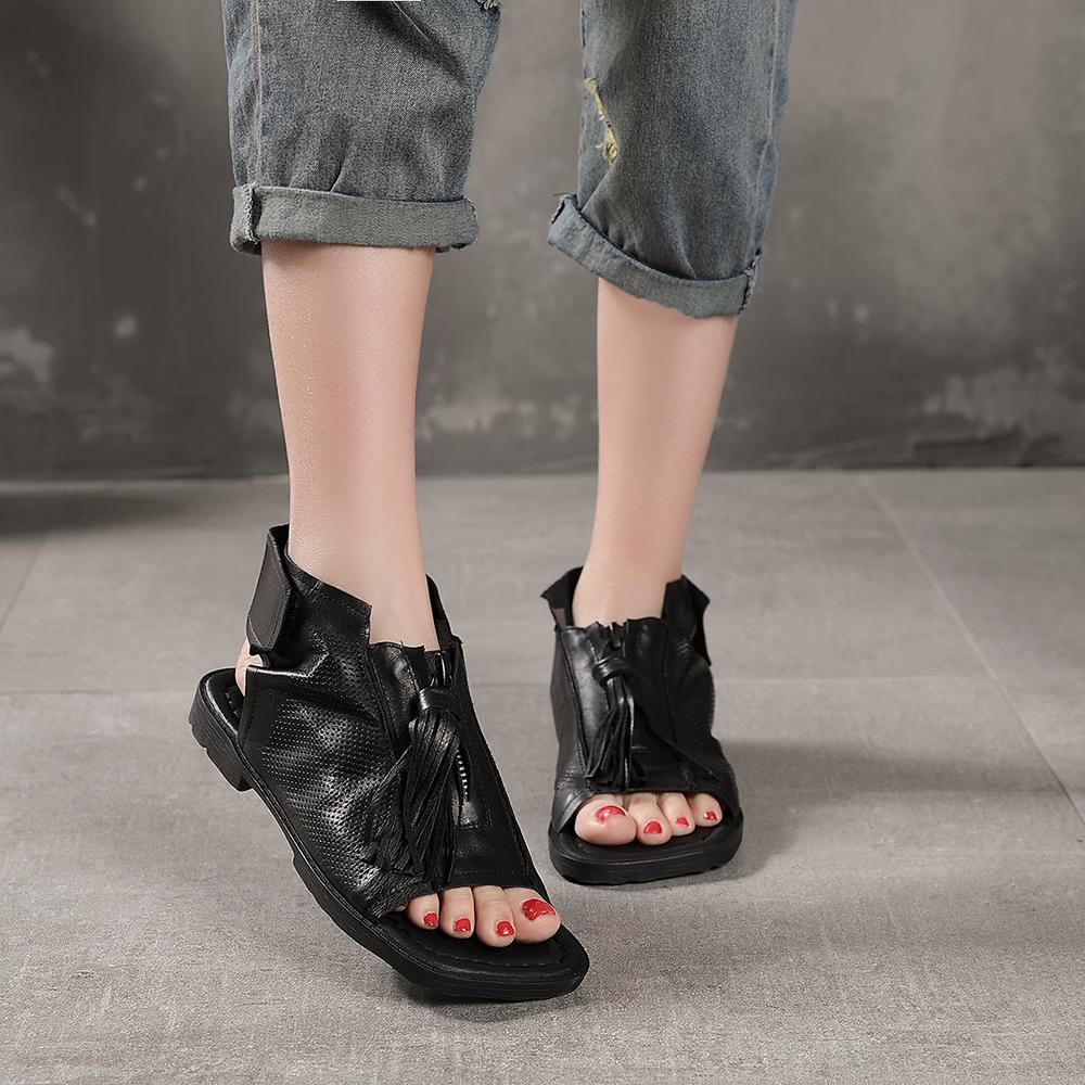 Leather Gladiator Sandals Peep Toe Retro Handmade Sandals Boots Black/Brown