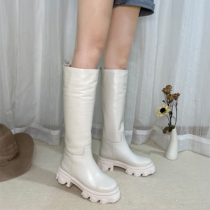 Riding Boots for Women in Black/White/Grey Leather - Chunky Sole Tall Boots Platform Boots