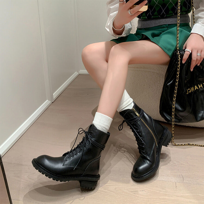 Cow Leather Combat Boots Designer Retro Chunky Lace up Boots Back Zip Brown/Black