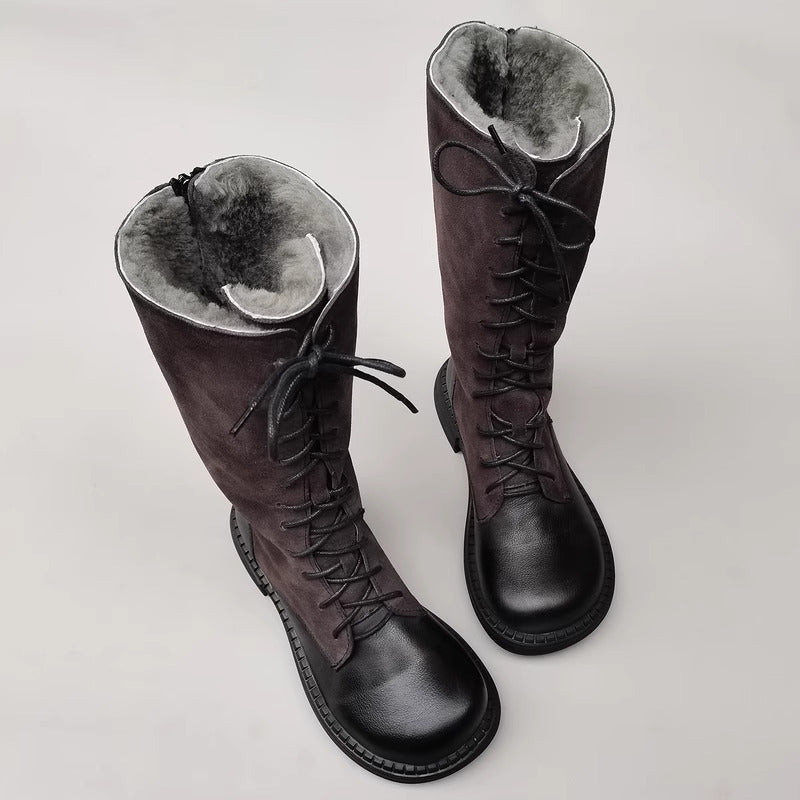 Handmade Lace up Leather Knee High Boots Big Toe Splicing Design Riding Boots Black/Brown