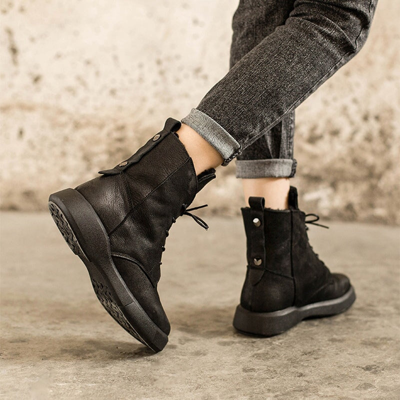 Waxing Leather Shearling Lined Short Boots for Winter Lace Up Snow Boots in Black/Coffee