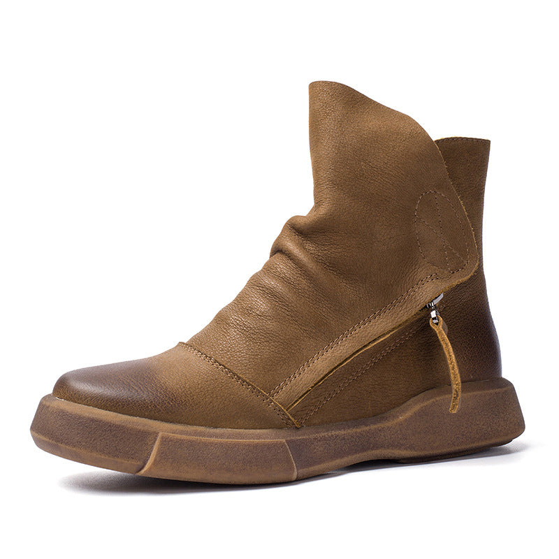 Soft Cowhide Leather Zip Boots Retro Women Chunky Ankle Boots Black/Coffee/khaki