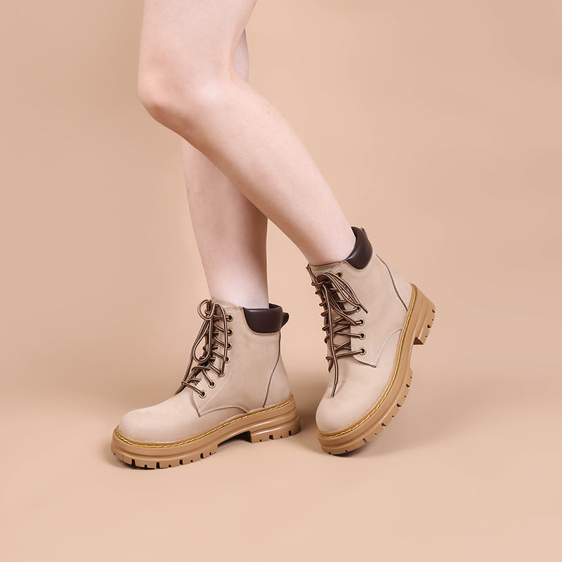 Women's Handmade High Lace-up Boot in Nubuck Calfskin Waterproof Platform Boots