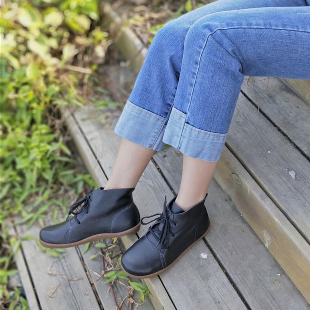 Leather Women Ankle Booties Lace-Up Casual Shoes Flats