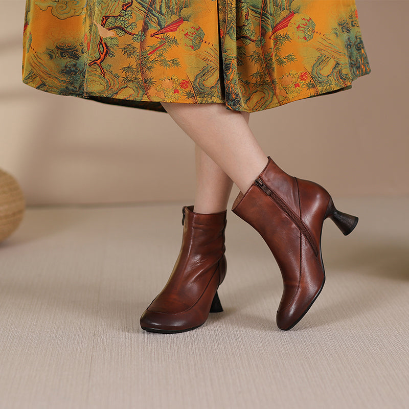 Handmade Soft Leather Kitty Heel Ankle Boots For Women Retro Round Toe Side Zipper in Coffee/Grey