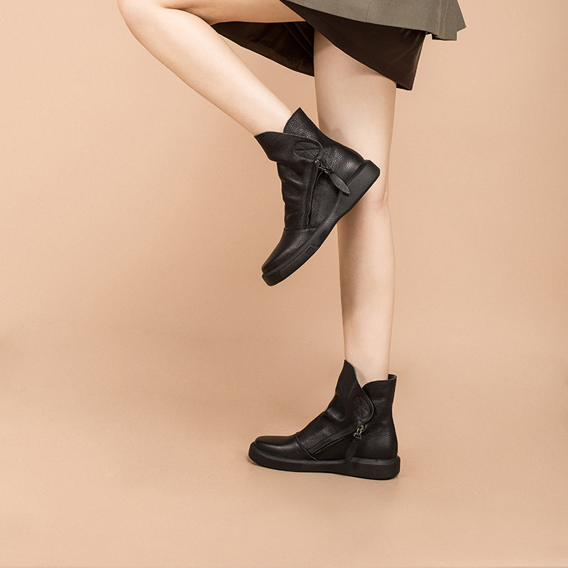 Soft Cowhide Leather Zip Boots Retro Women Chunky Ankle Boots Black/Coffee/khaki