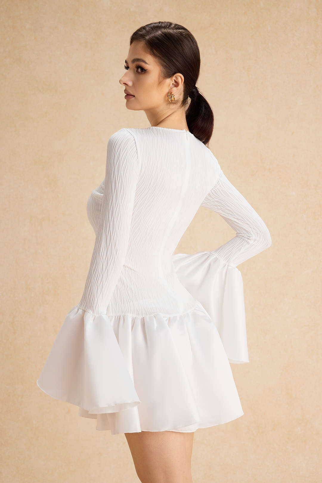 Textured Ruffle Long Sleeve Mini Dress