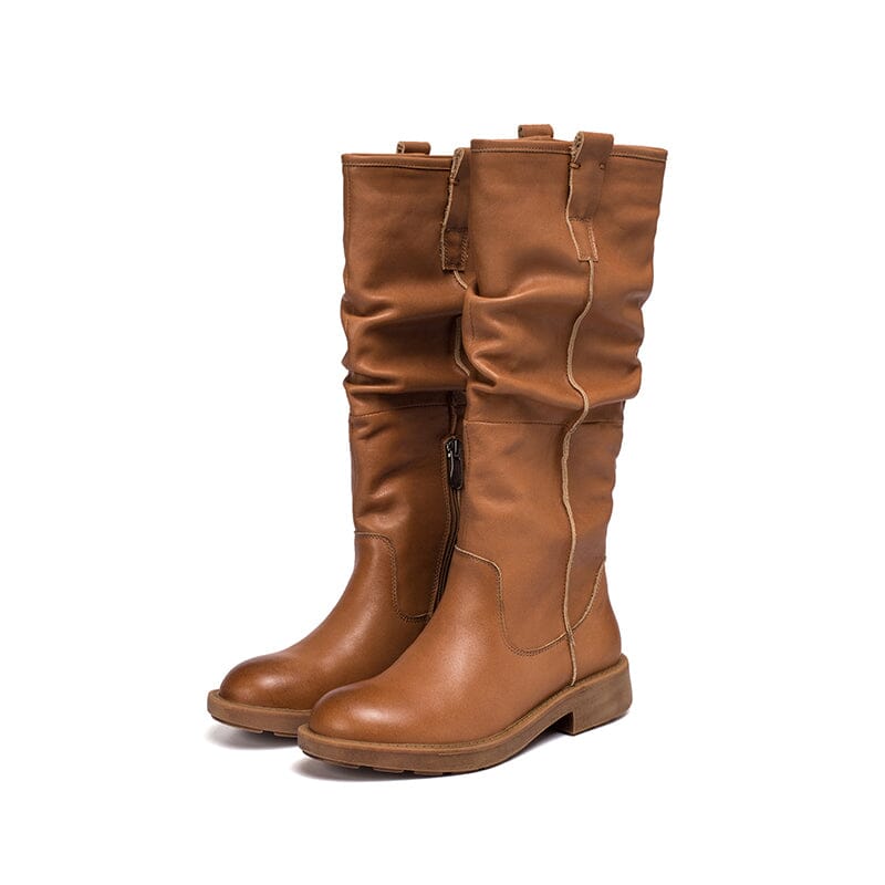 Waxing Leather Knee High Boots Fold Design Riding Boots Buckle Boots in Black/Brown