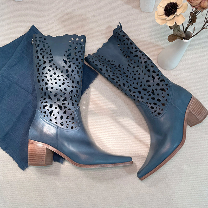 Womens Western Boots Block Heel - Blue Cowgirl Boots All Genuine Leather