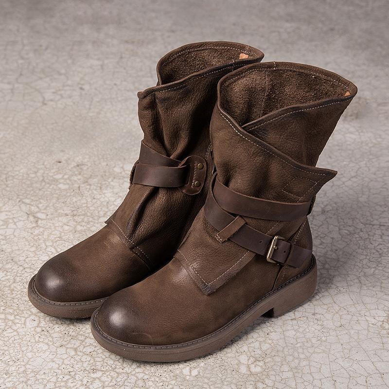 Womens Retro Leather Mid Calf Boots for Winter Buckles Boots in Coffee/Black/Grey/Deep Grey