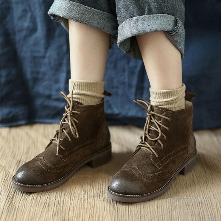 Handmade Brogue Leather Boots Women Midheel Ankle Boots With Lace Brown/Khaki