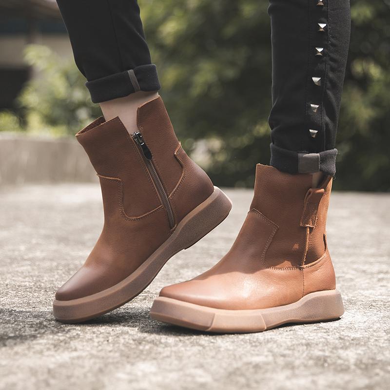 Waxing Leather Short Boots for Winter Side Zipper Chelsea Boots Black/Coffee