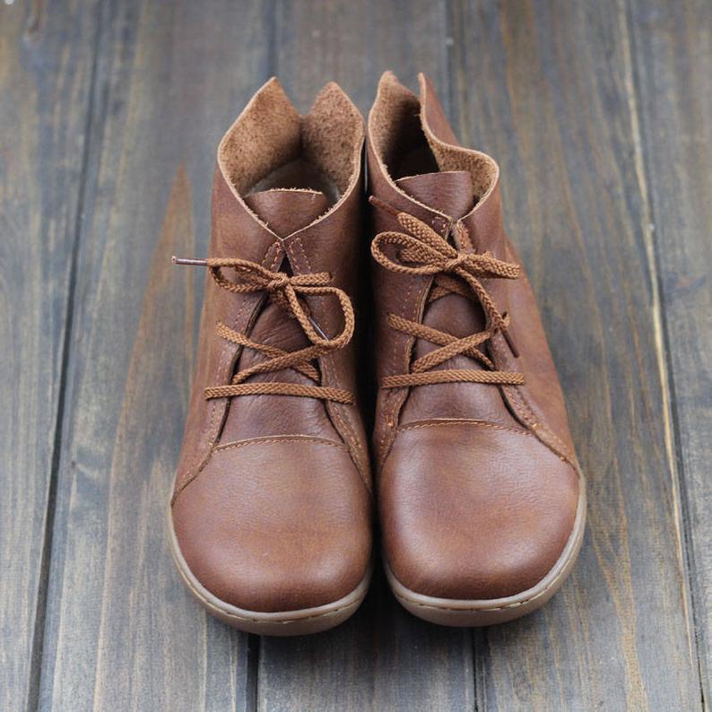 Leather Women Ankle Booties Lace-Up Casual Shoes Flats