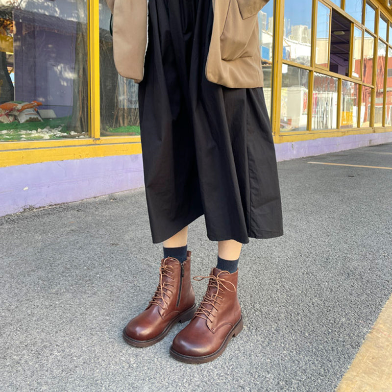 Women Leather Ankle Boots Soft Bottom Flat Round Toe Big-Head Retro Boots Coffee/Black
