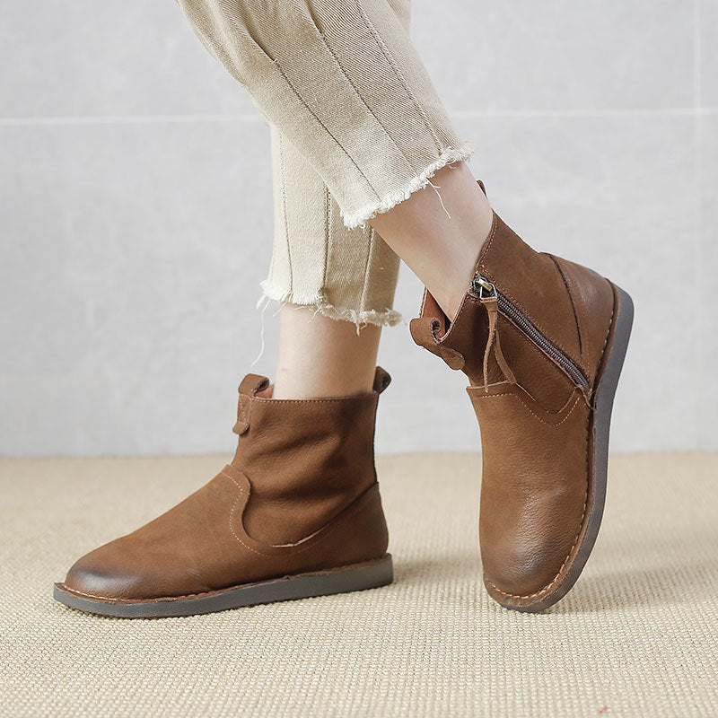 Retro Cowhide Boots Women Comfy Zip Walking Boots Brown/Coffee