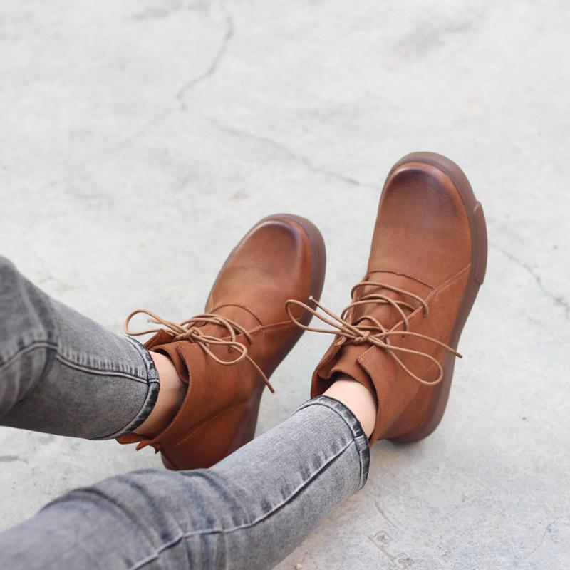 Women Retro Boots Lace Up Soft Leather Oxford Casual Walking Booties Brown/Black