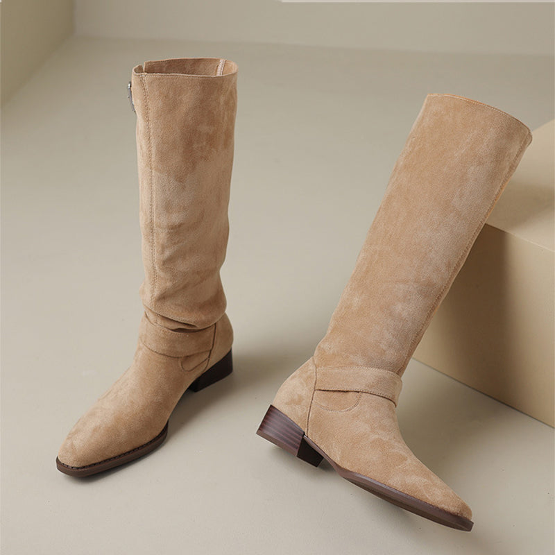 Womens Suede Leather Knee High Boots with Buckles In Black/Brown