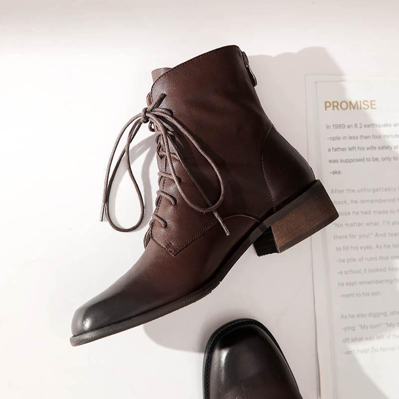 Handmade Fashion Boots Women Genuine Leather Lace-Up Oxfords Round Toe Chunky Ankle Booties Back Zipper Black/Brown