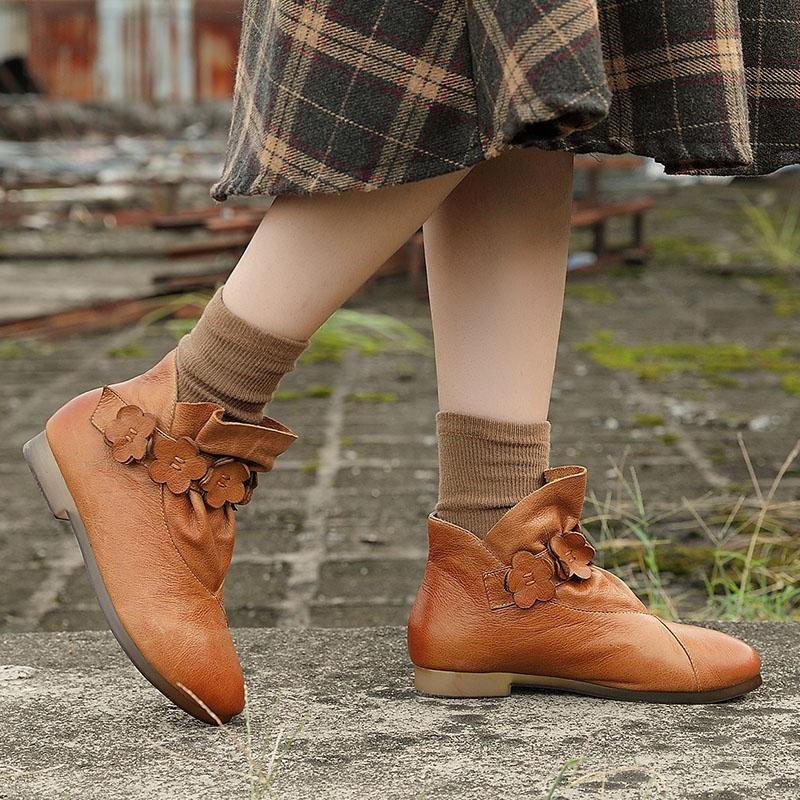 Leather Work Combat Boots Handmade Women Boots With Flowers Chelsea Boots Oil-Wax